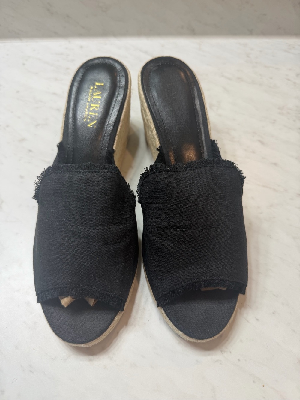 Lauren Ralph Lauren Carlynda Black Linen Espadrille Wedge Sandals 9.5